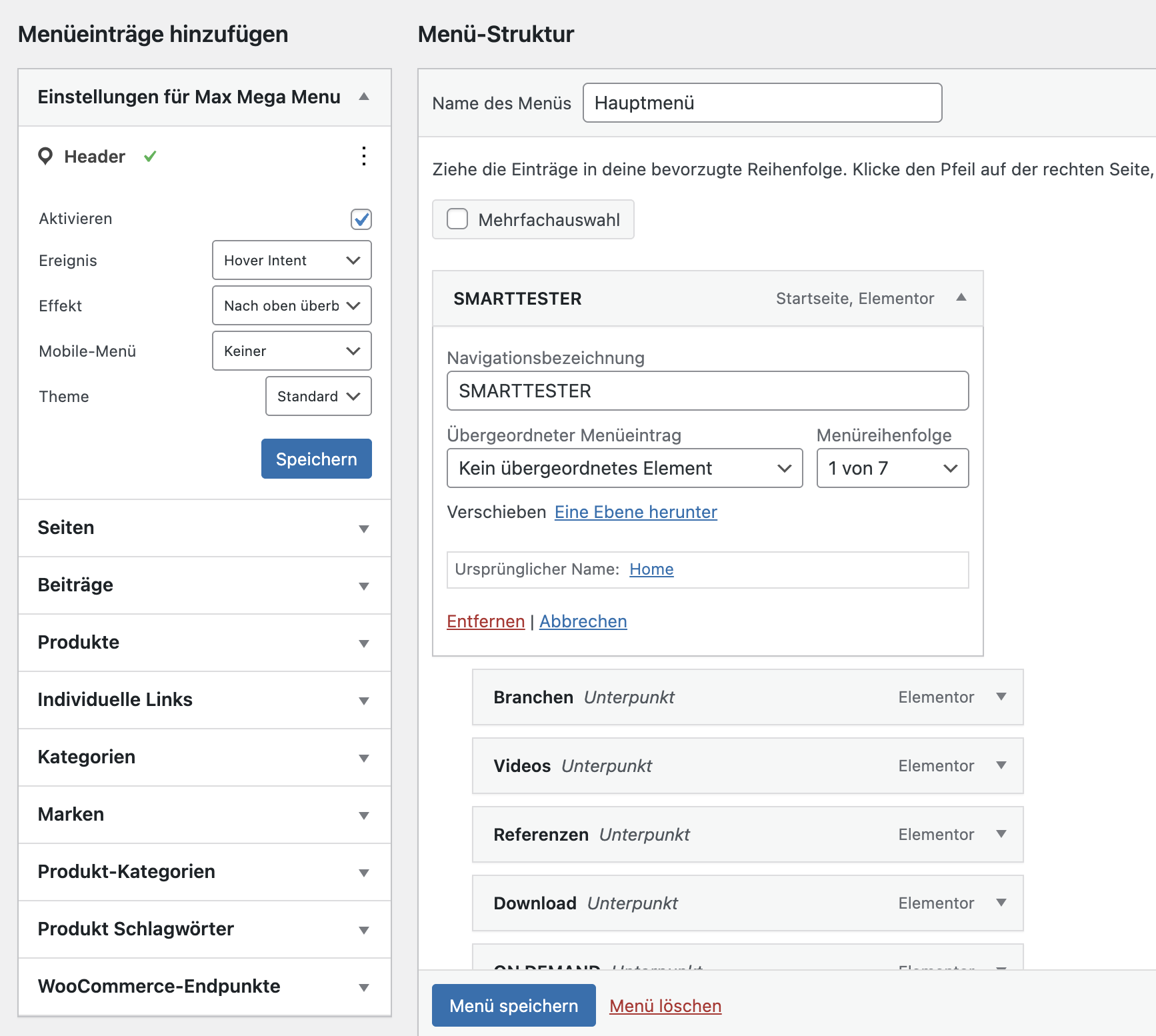 Menübearbeitung in Wordpress
