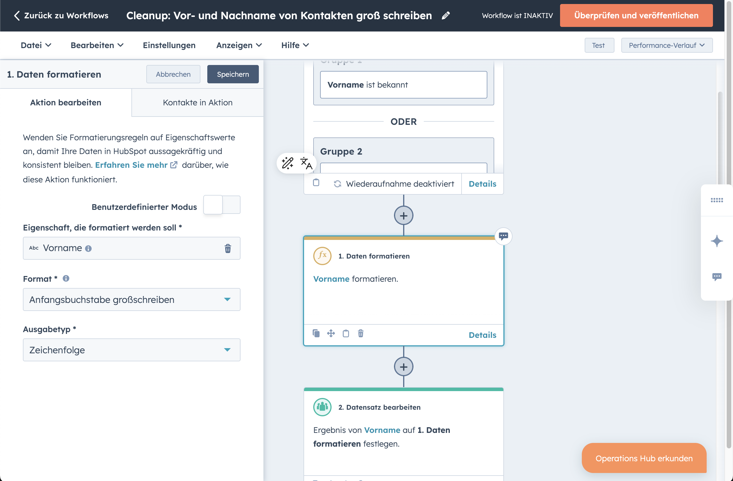 HubSpot Workflows - Vor- und Nachname von Kontakten gross schreiben