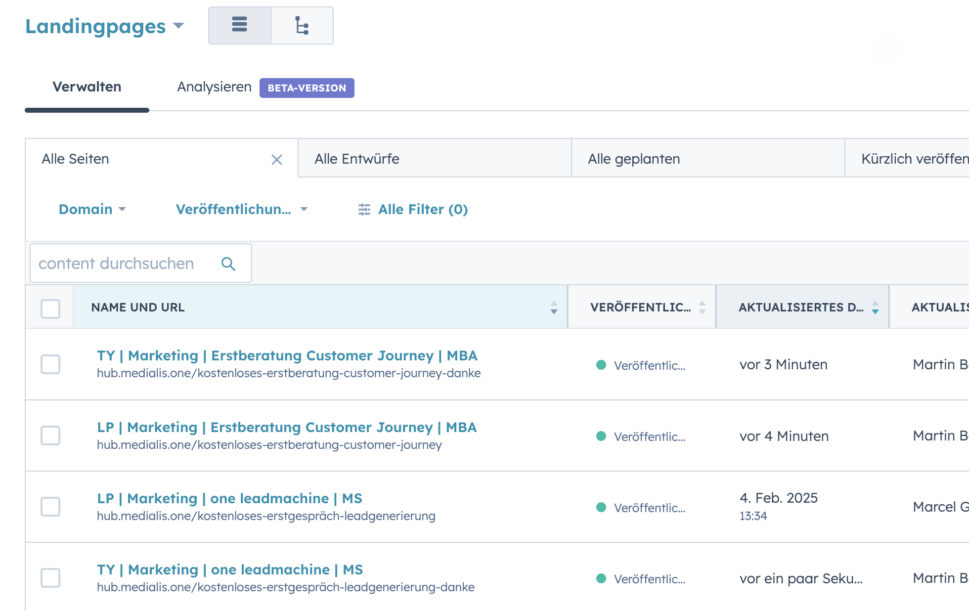 Landingpages Nomenklatur in HubSpot Beispiel unserer eigenen Benennung