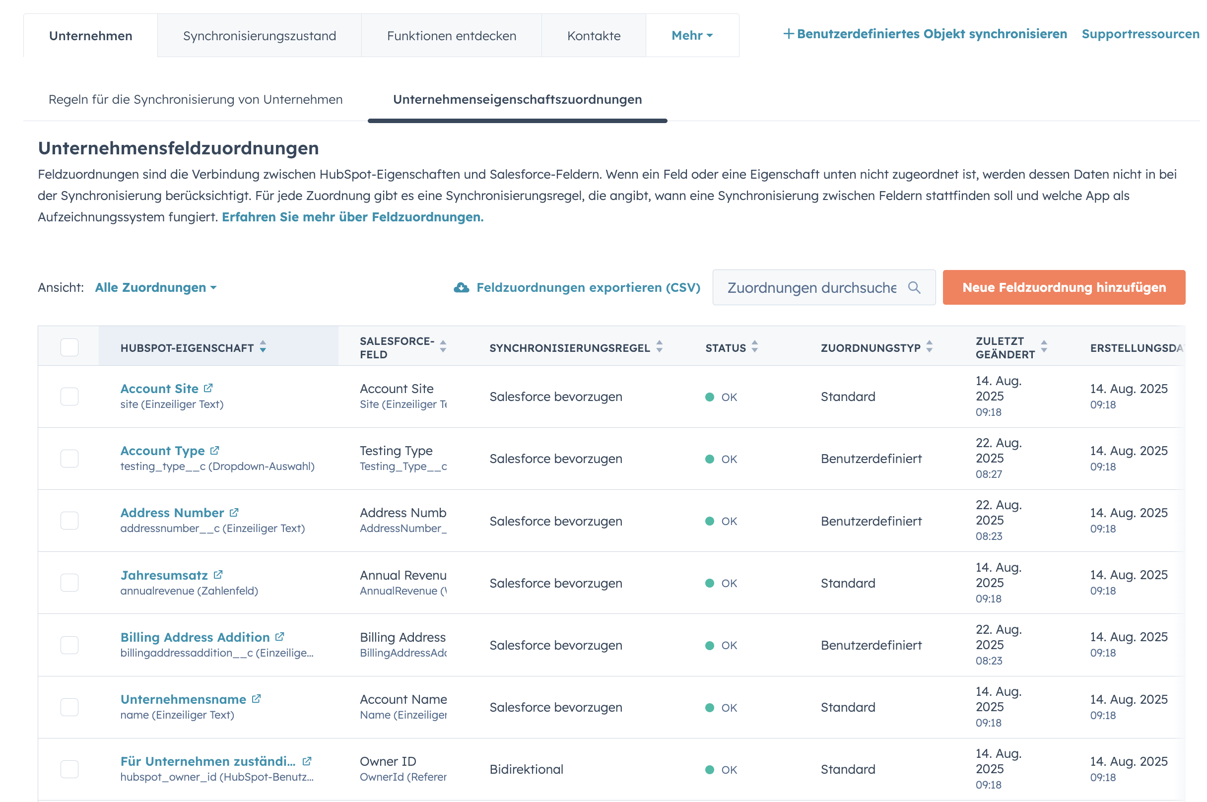 Salesforce-HubSpot Field-Mapping am Beispiel von Unternehmen