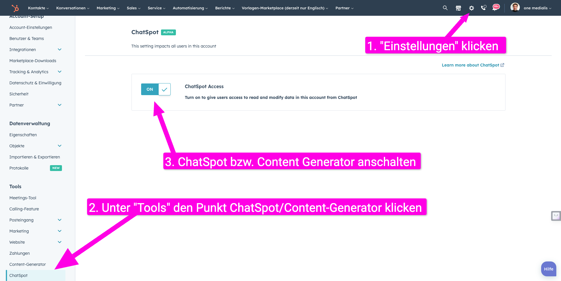 ChatSpot-Funktionen in HubSpot aktivieren