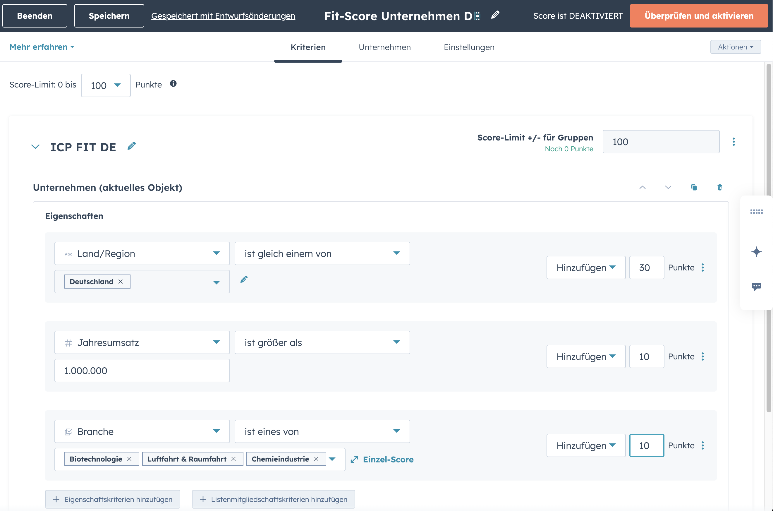Beispiel: FIT Score für deutsche Unternehmens-Leads nach dem Idealkundenprofil