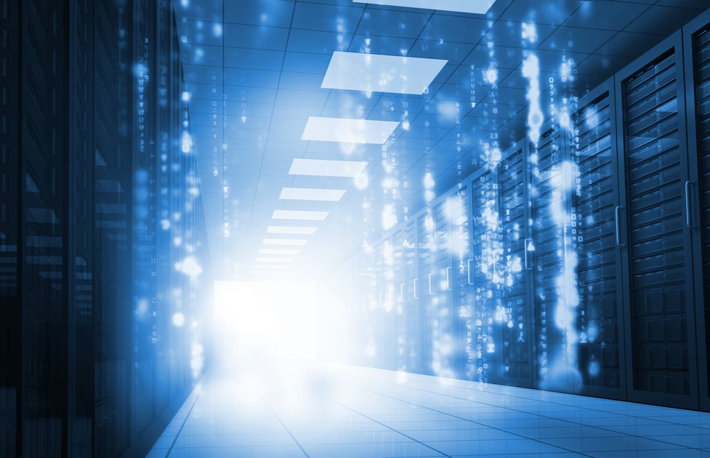 Glowing blue matrix falling in data center-1