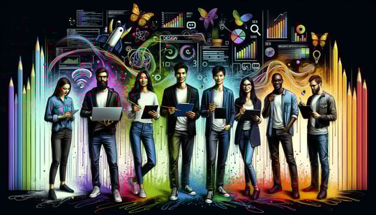 DALL·E 2024-03-19 22.08.35 - A group of four diverse professionals standing together, each representing their field within a digital agency. On the far left, a programmer is holdi