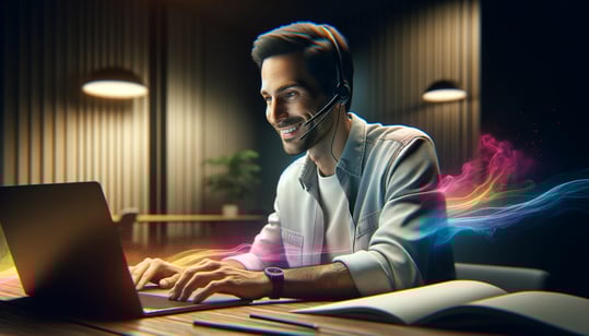 DALL·E 2024-04-26 10.00.28 - An ultrarealistic scene depicting a friendly office atmosphere, featuring a smiling male person of Caucasian descent, sitting in front of his laptop, 