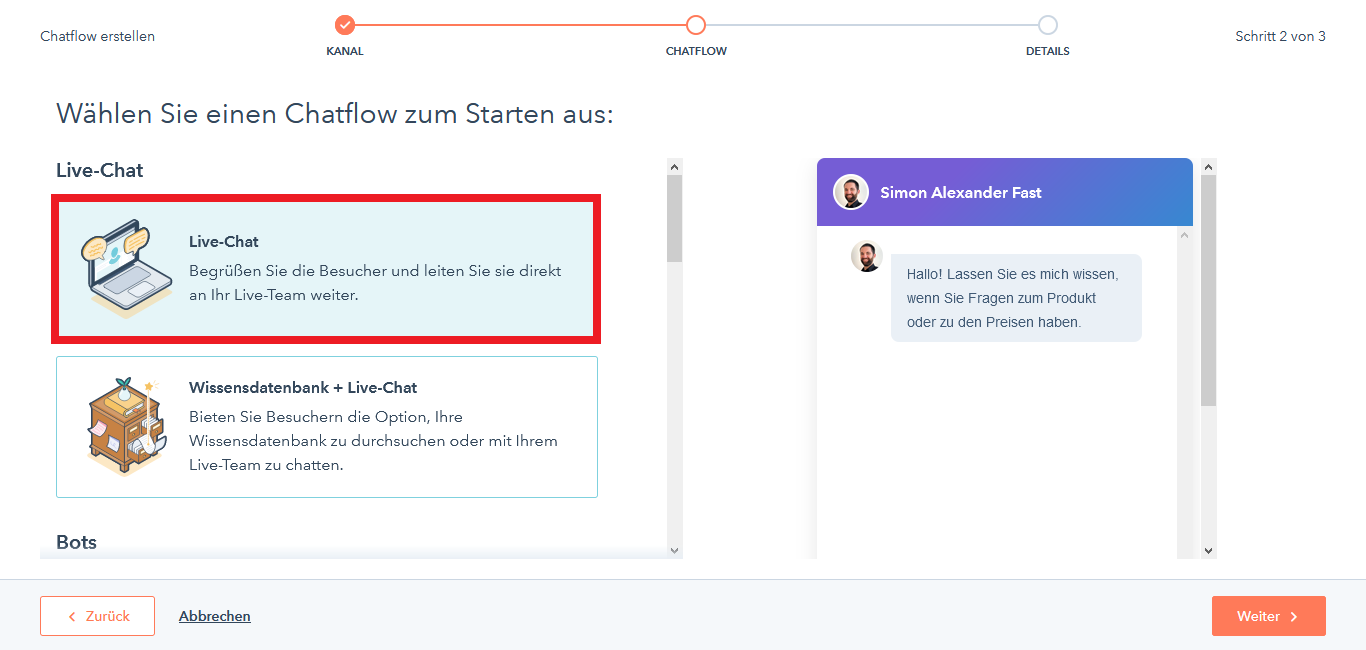 HubSpot Live Chat Chatflow