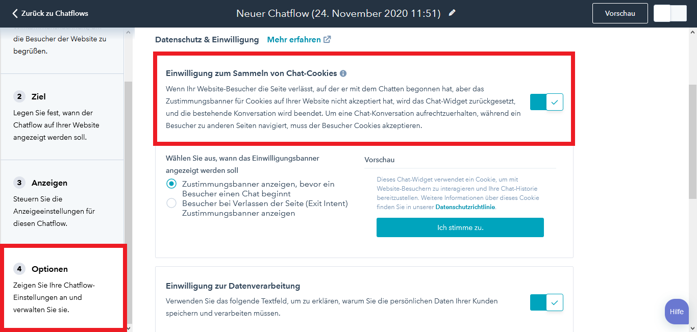 HubSpot Live Chat Chatflow Optionen