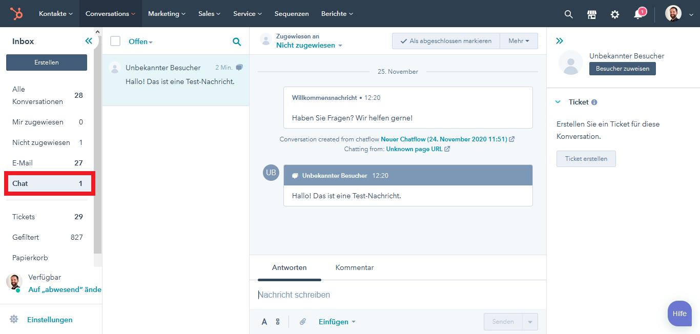 HubSpot Live Chat Conversations Postfach
