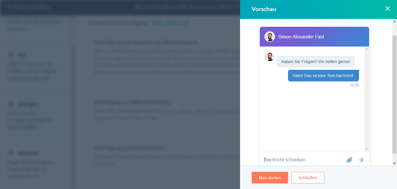 HubSpot Live Chat Chatflow Vorschau