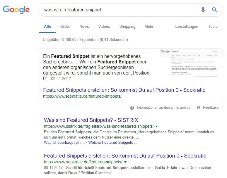 Ausschnitt eines Featured Snippet bei Google