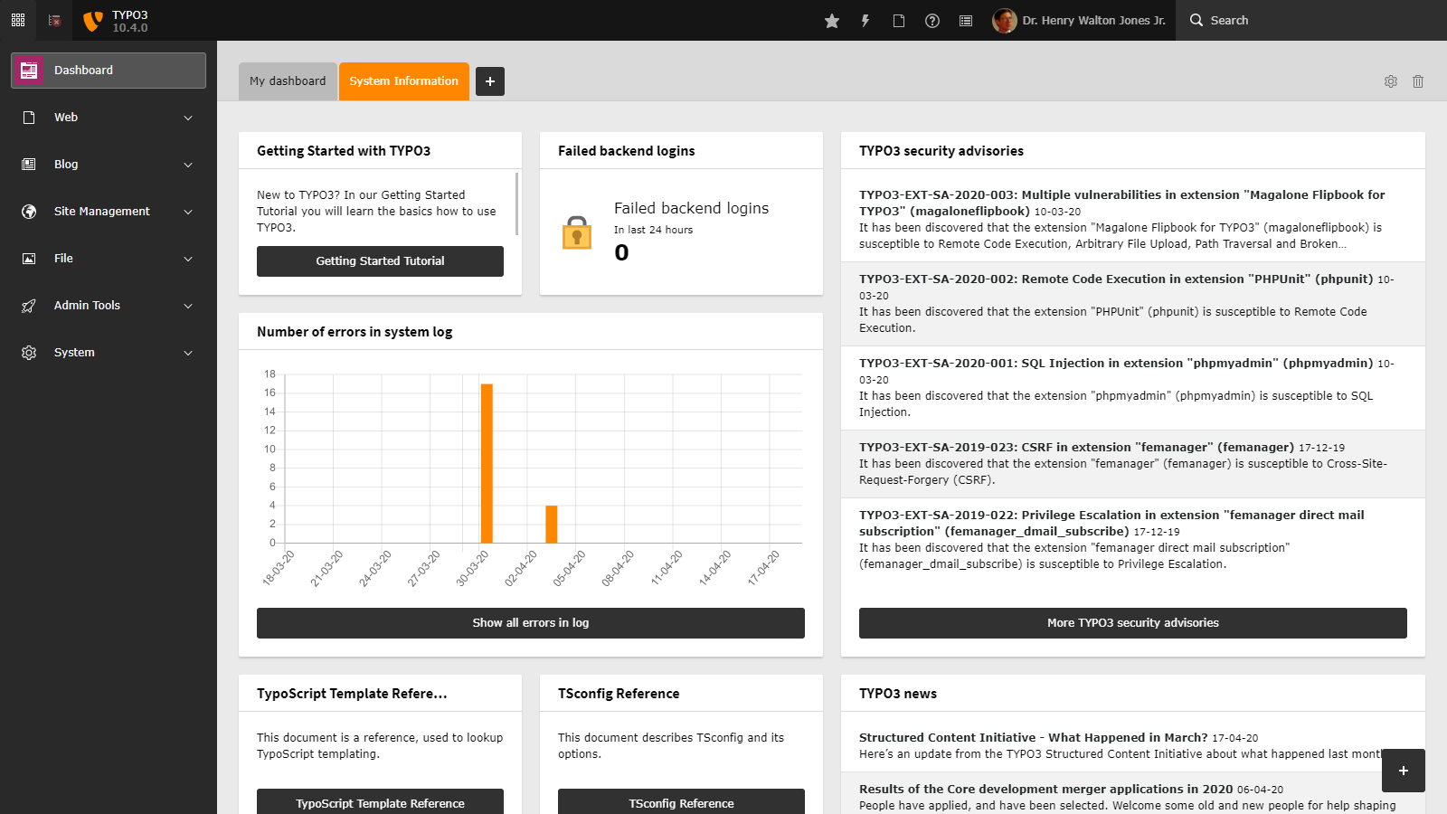 TYPO3 v10 Dashboard