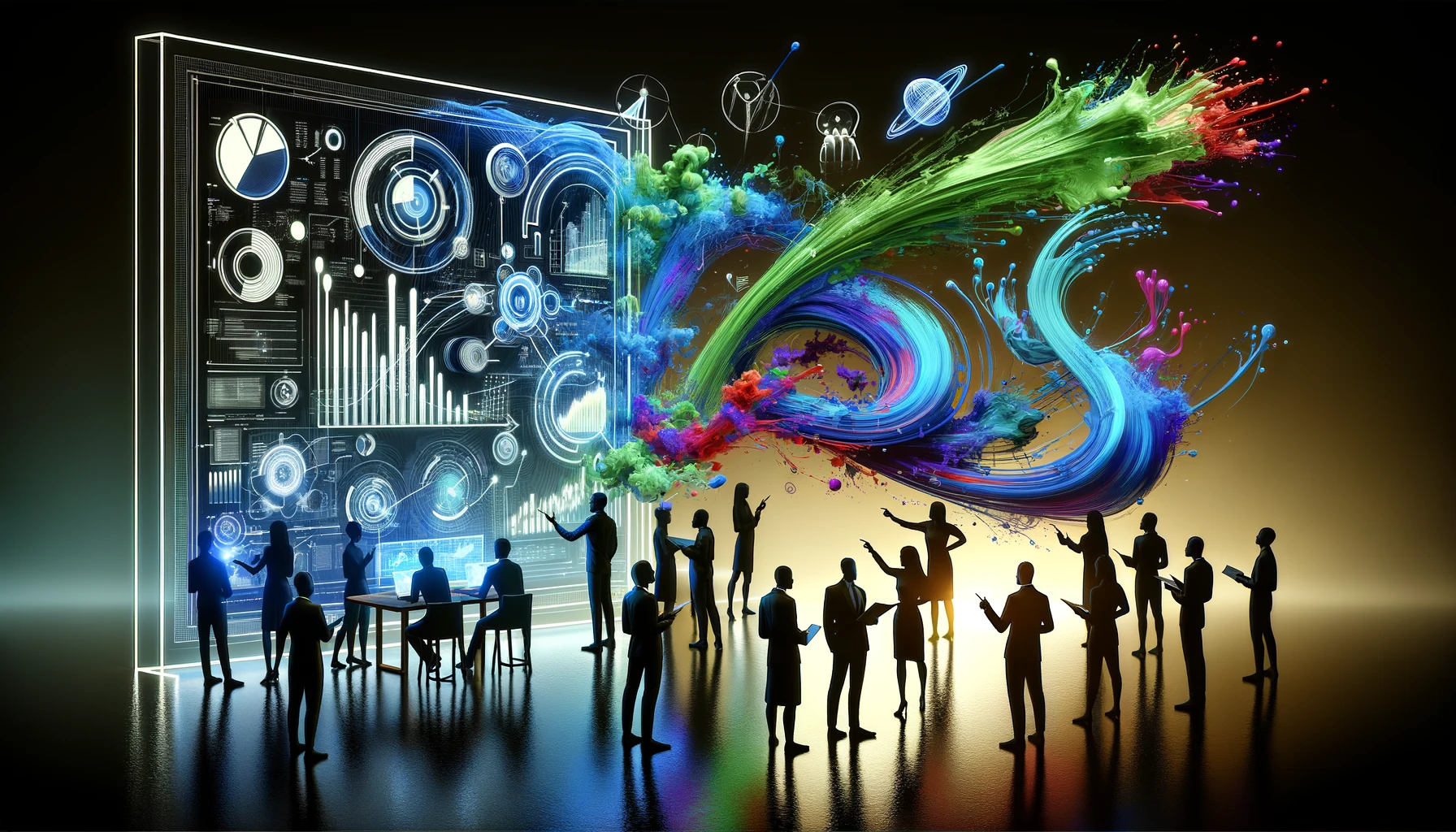 DALL·E 2024-03-19 00.09.33 - Visualize the concept of project management involving people in an agency. The scene is set in a dynamic, abstract environment that represents a creat
